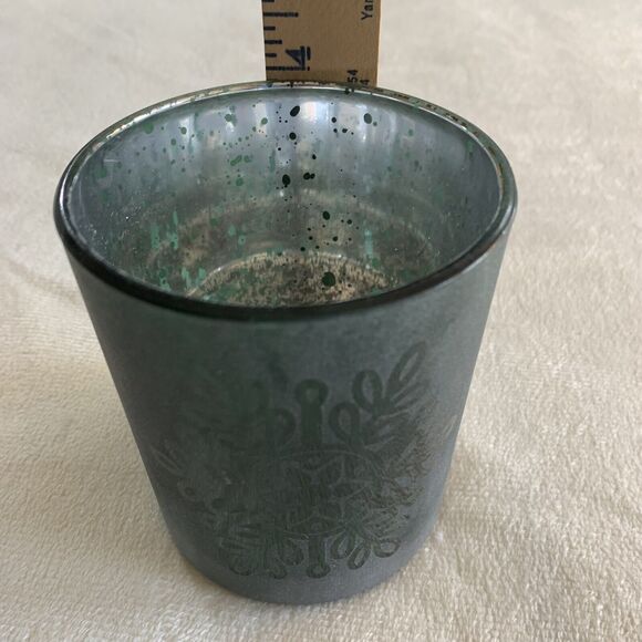 Glass Candle Holder Votive Tealight Christmas Holiday Snowflake Green Silver Joy - Picture 12 of 13